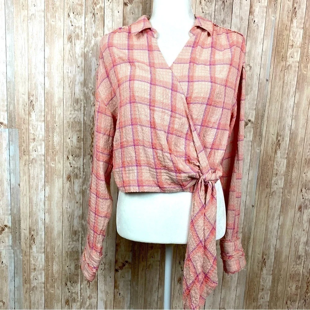 Free‎ People Running Wild Long Sleeve Plaid Wrap Top Size Large Women